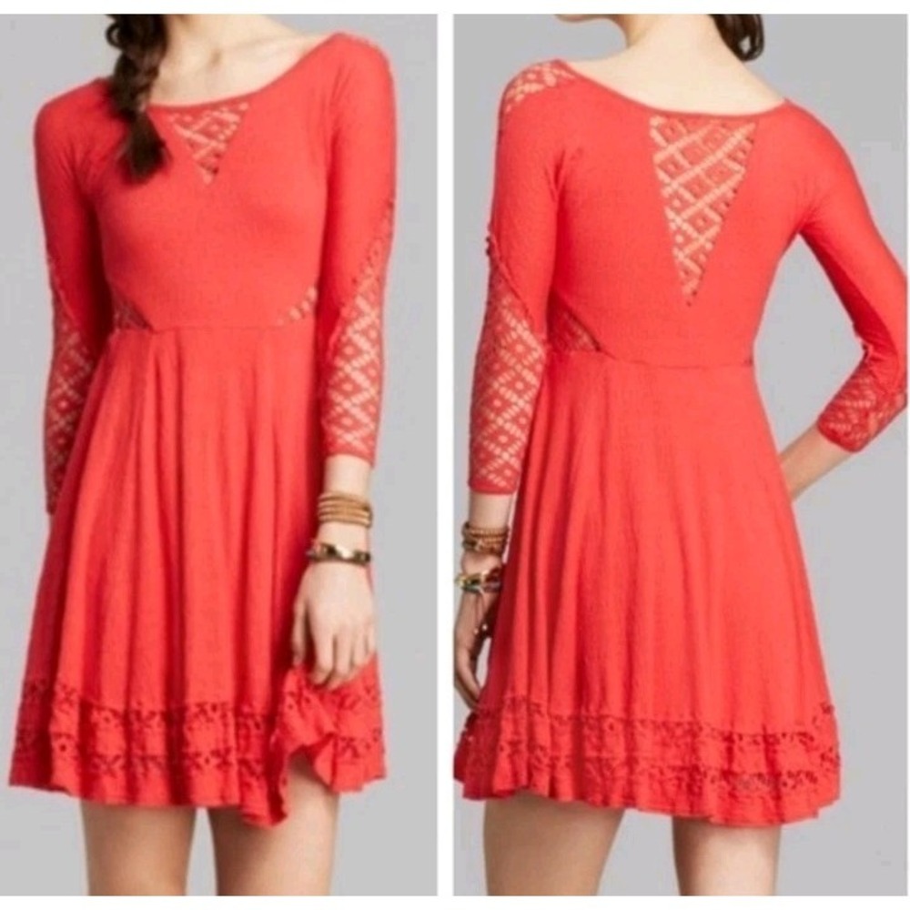 Free People Lace Dress To The Point Small Red Fit Flare Cotton 3/4 Sleeve Boho‎